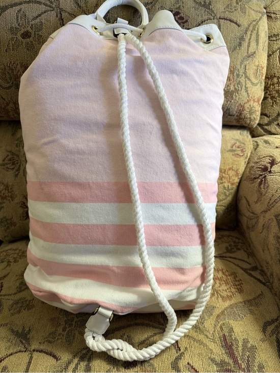 Victoria's Secret Handbags - Victoria’s Secret Pink and White Striped Canvas Drawstring Backpack